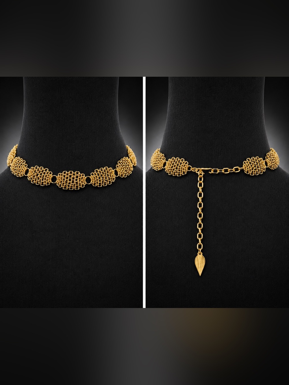 Whiting & Davis Signed Chainmail Mesh Necklace Gold Ring Collar Choker 16”